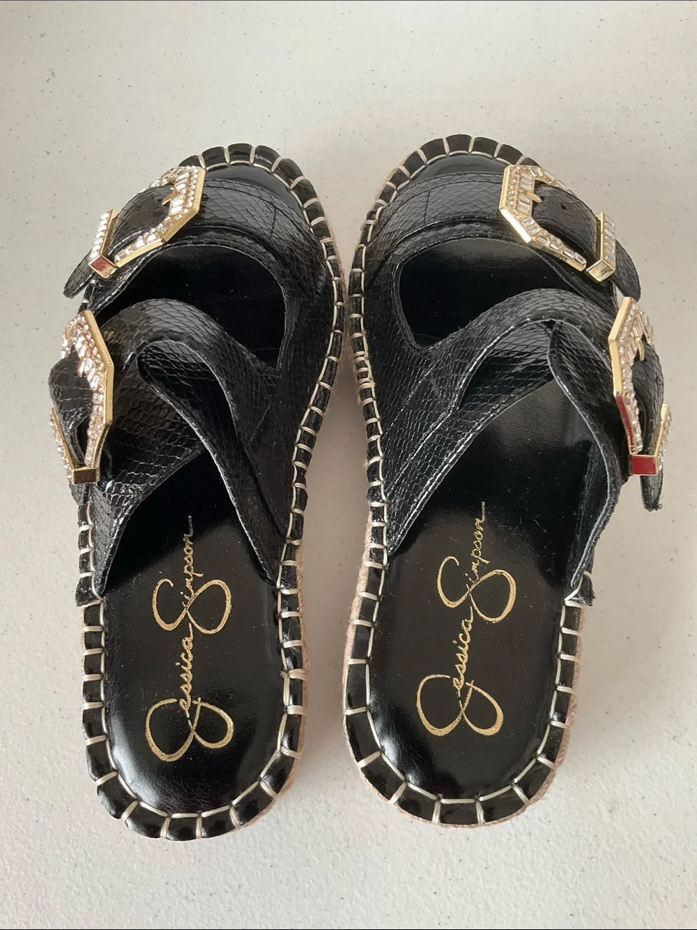 Jessica Simpson Chandria Metallic Silver Snakeskin Buckle Slide Sandals (NWOT)